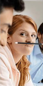 Work hard, play hard woman with pencil as a moustache